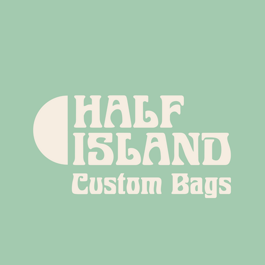 Half Island Custom Bags design with beige writing on a light green background.